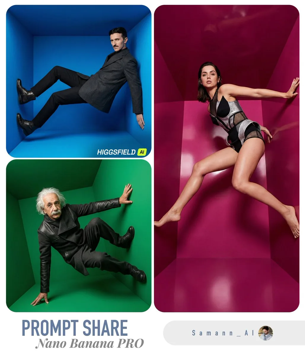 High-Fashion Editorial in Anti-Gravity Color Box - Nano Banana Pro AI Prompt for Product Marketing reference