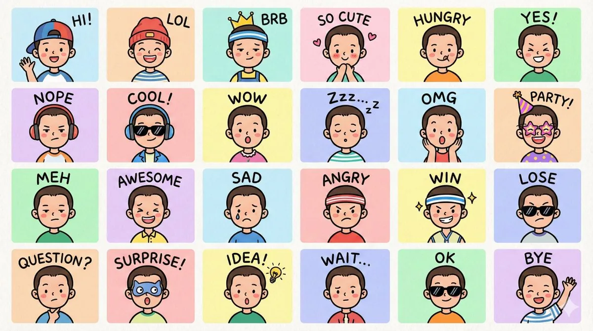 LINE-style Q-version emoji portrait grid reference