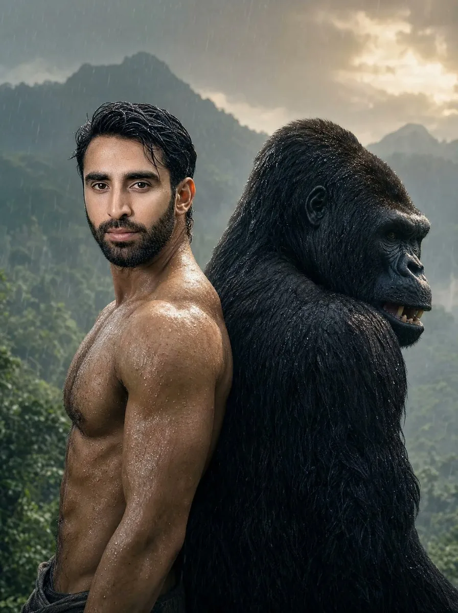Rainy Jungle Man and Gorilla Portrait reference