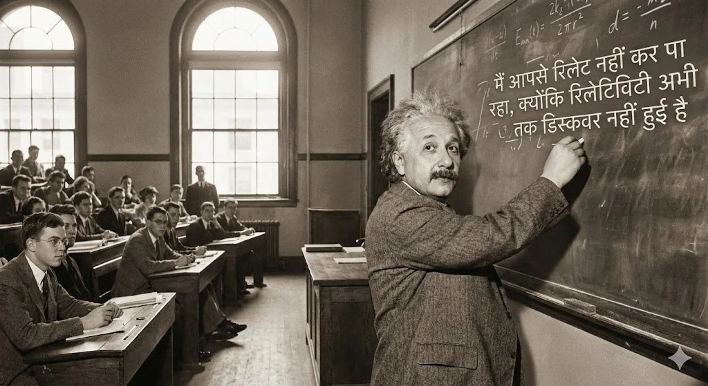 Einstein teaching at MIT with Hindi joke text reference