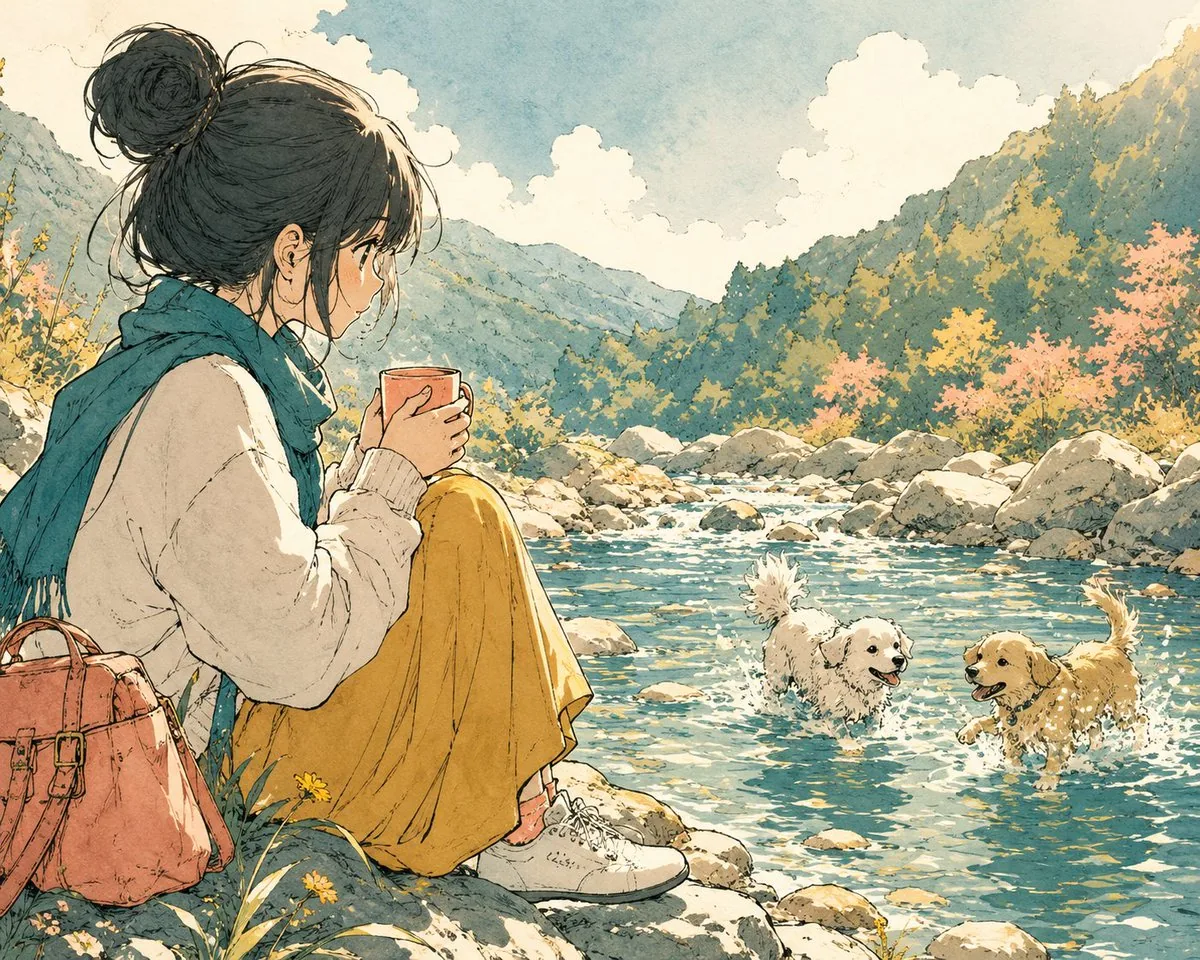 Anime Girl by River with Coffee reference