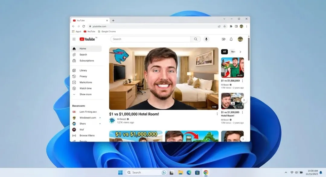 Windows 11 desktop with Chrome and MrBeast on YouTube reference
