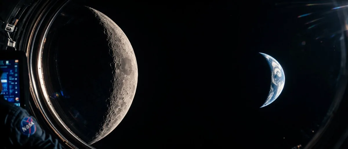 Cinematic Spacecraft View of Moon and Earth reference