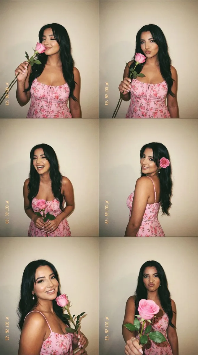 6-Panel Photobooth Grid with Pink Dress and Rose - Nano Banana Pro AI Prompt for Social Media Post reference