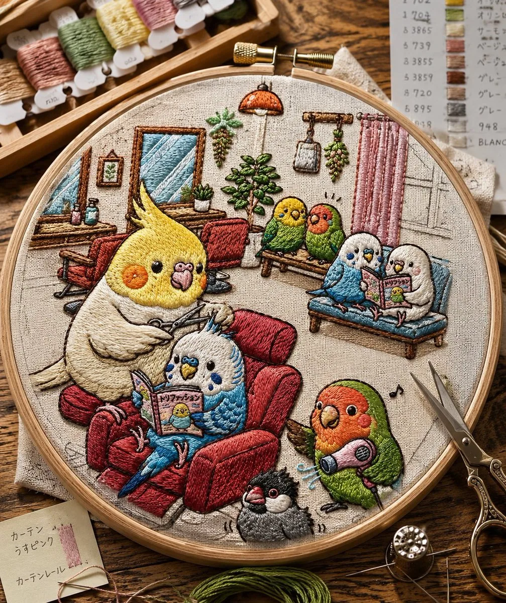 Embroidered Cozy Bird Living Room reference