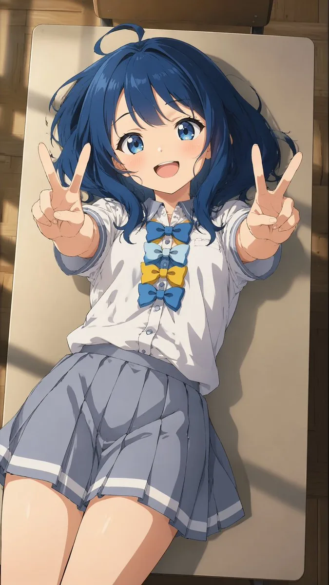 Overhead Anime Girl Peace Sign Portrait reference