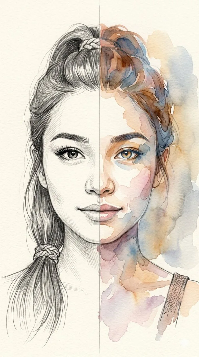 Split-Medium Sketch and Watercolor Portrait reference