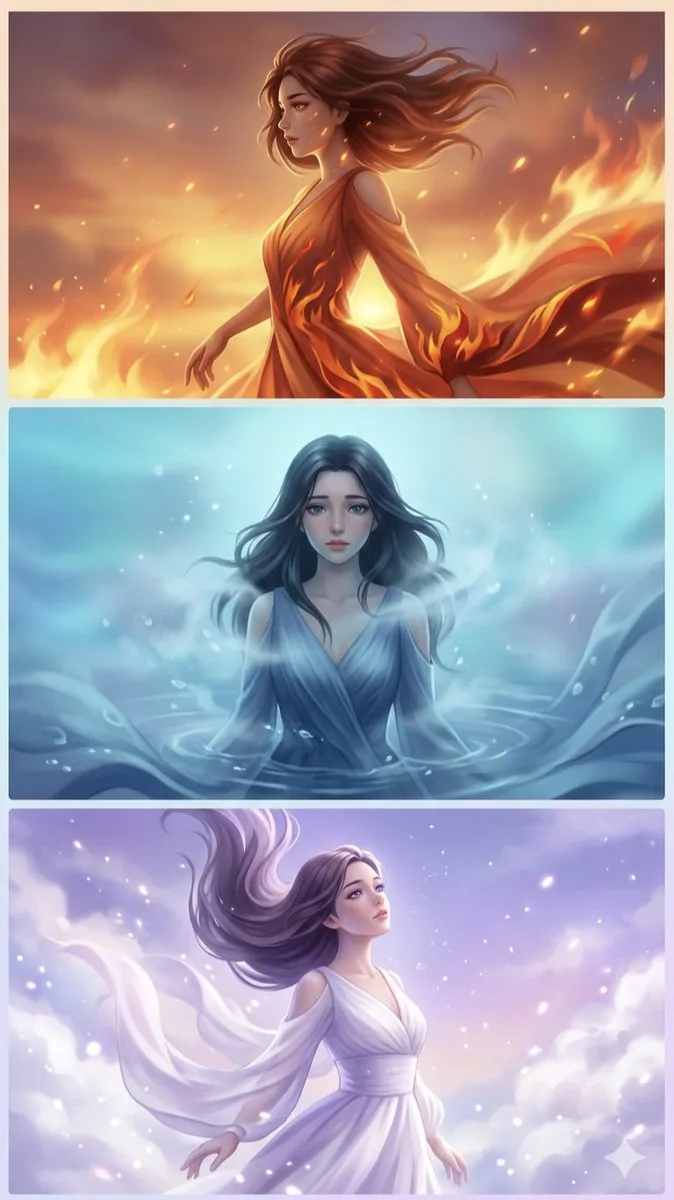 Elemental Spirits Anime Triptych - Nano Banana Pro AI Prompt for Comic / Storyboard reference