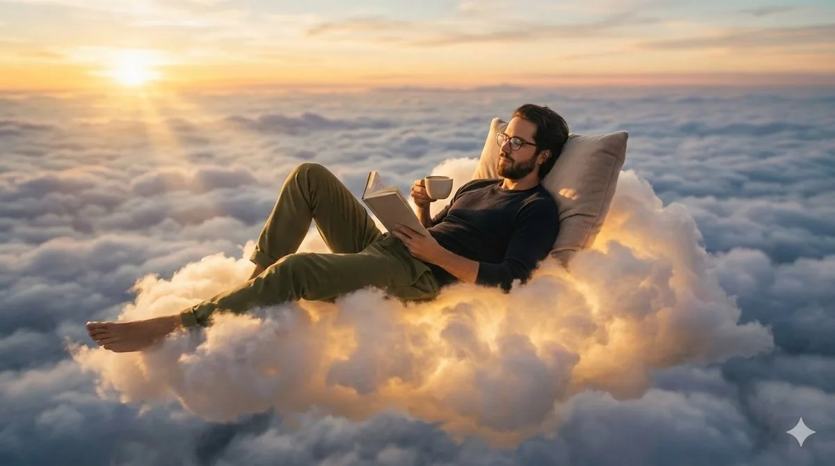 Person relaxing on glowing cloud above the sky reference