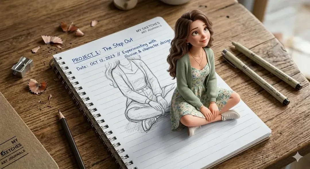 3D Pop-Out Illusion Artwork of a Girl from a Notebook reference