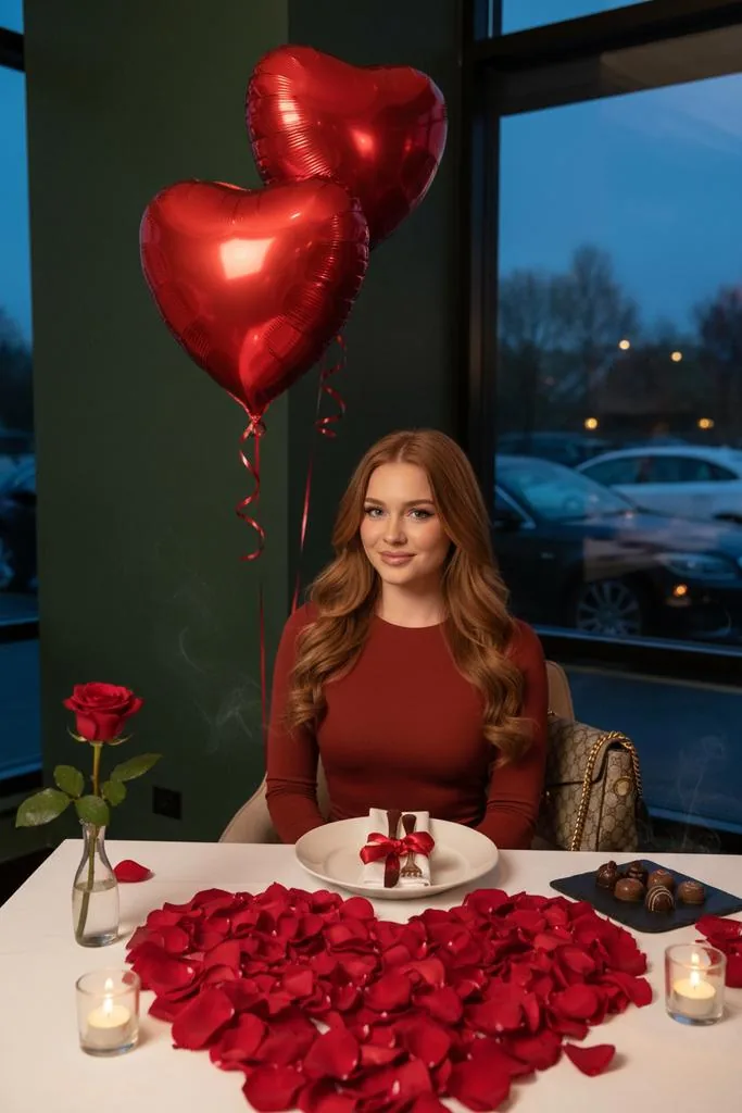 Luxury Valentine’s Dinner Photoshoot (Reddish-Brown Hair) - Nano Banana Pro AI Prompt for Product Marketing reference