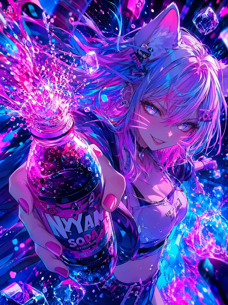 Neon Catgirl Soda Ad reference