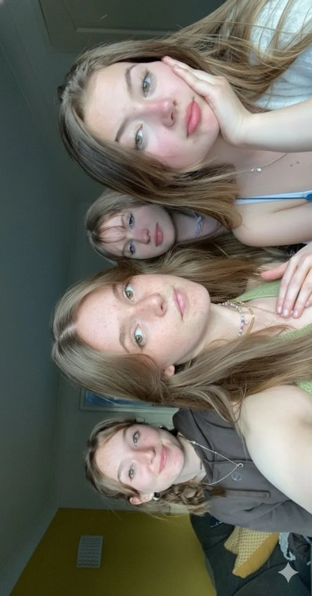 Candid Bedroom Selfie of Three Freckled Girls - Nano Banana Pro AI Prompt for Social Media Post reference