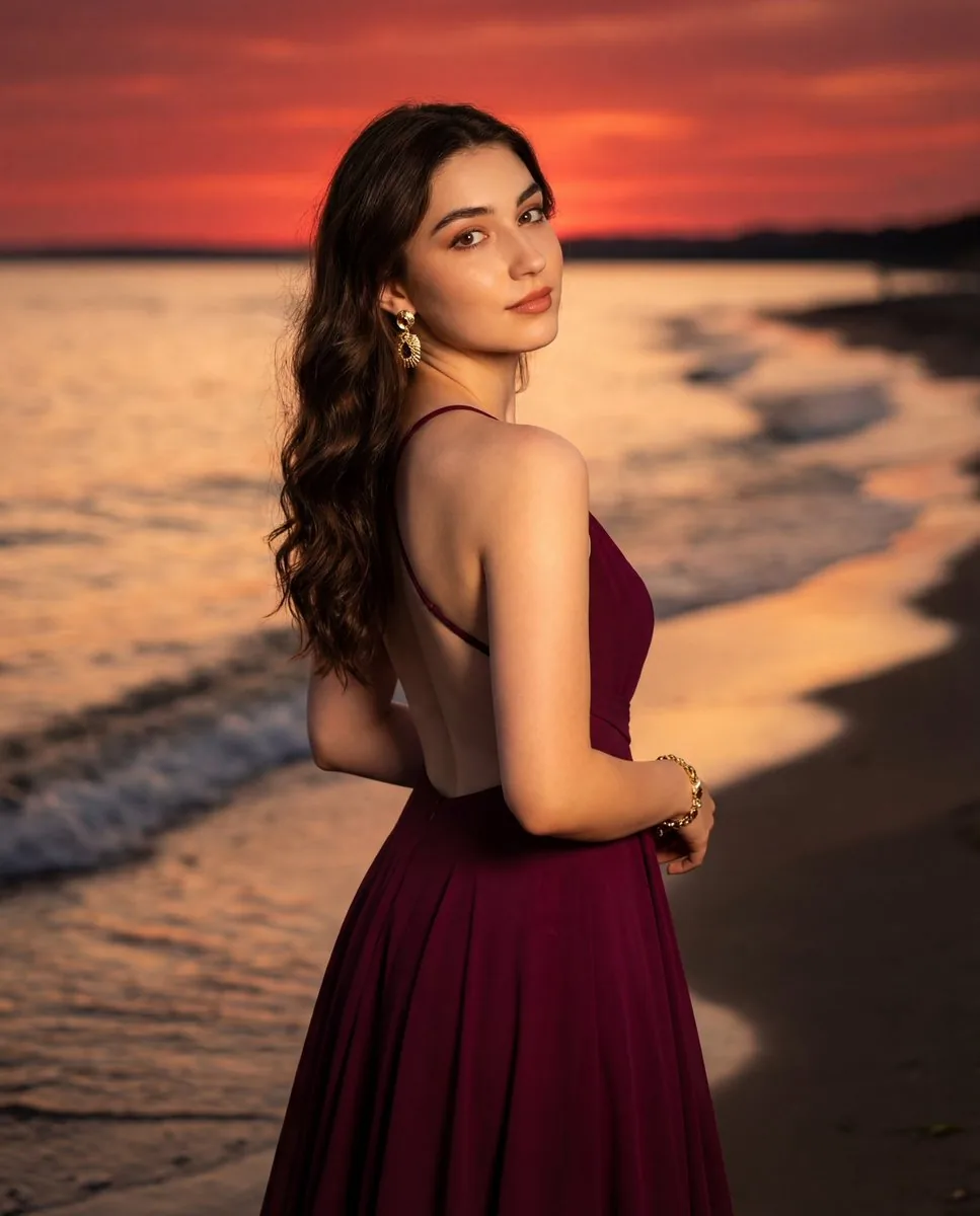 Photorealistic Portrait of a Woman in an Evening Dress at Sunset Beach - Nano Banana Pro AI Prompt for Product Marketing reference