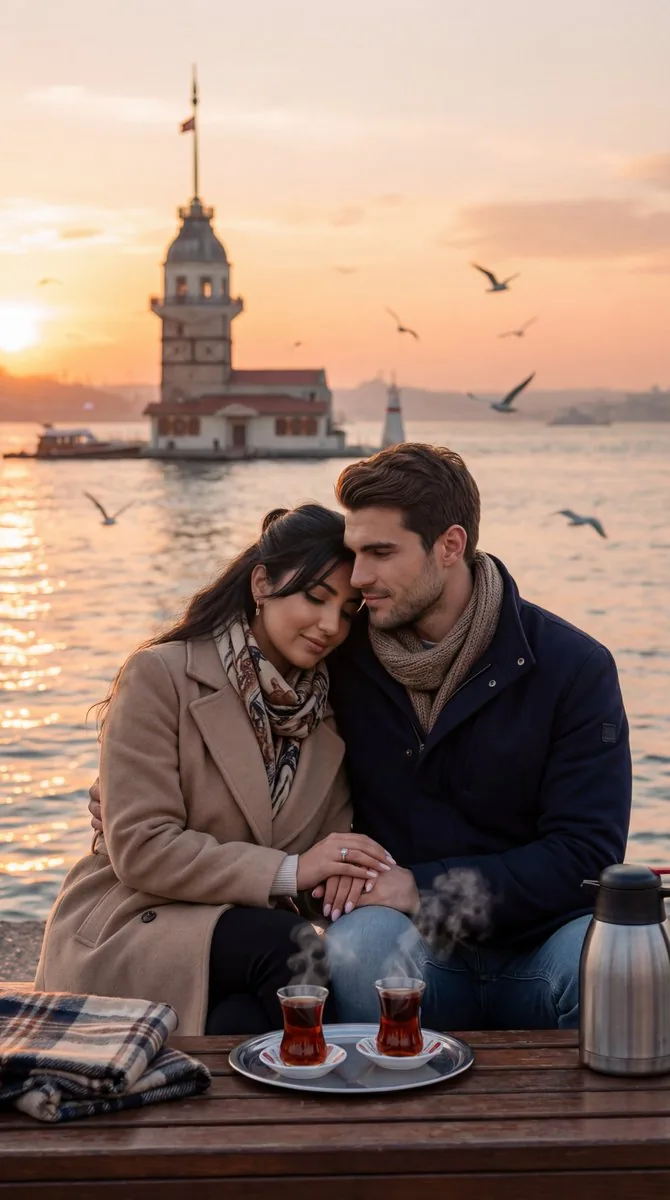 Ultra-Photorealistic Romantic Film Still (Uskudar Sunset) - Nano Banana Pro AI Prompt for Social Media Post reference