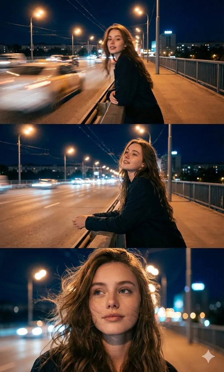 Cinematic Triptych Portrait in a Night City Setting - Nano Banana Pro AI Prompt for Social Media Post reference