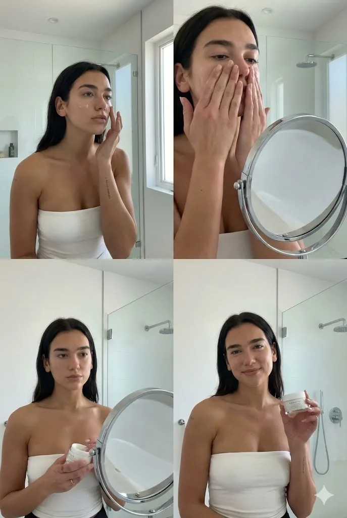 Dua Lipa Skincare Editorial Collage - Nano Banana Pro AI Prompt for Social Media Post reference