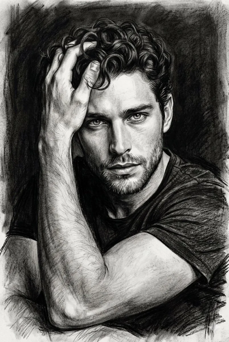 Hyper-Realistic Charcoal Pensive Portrait reference