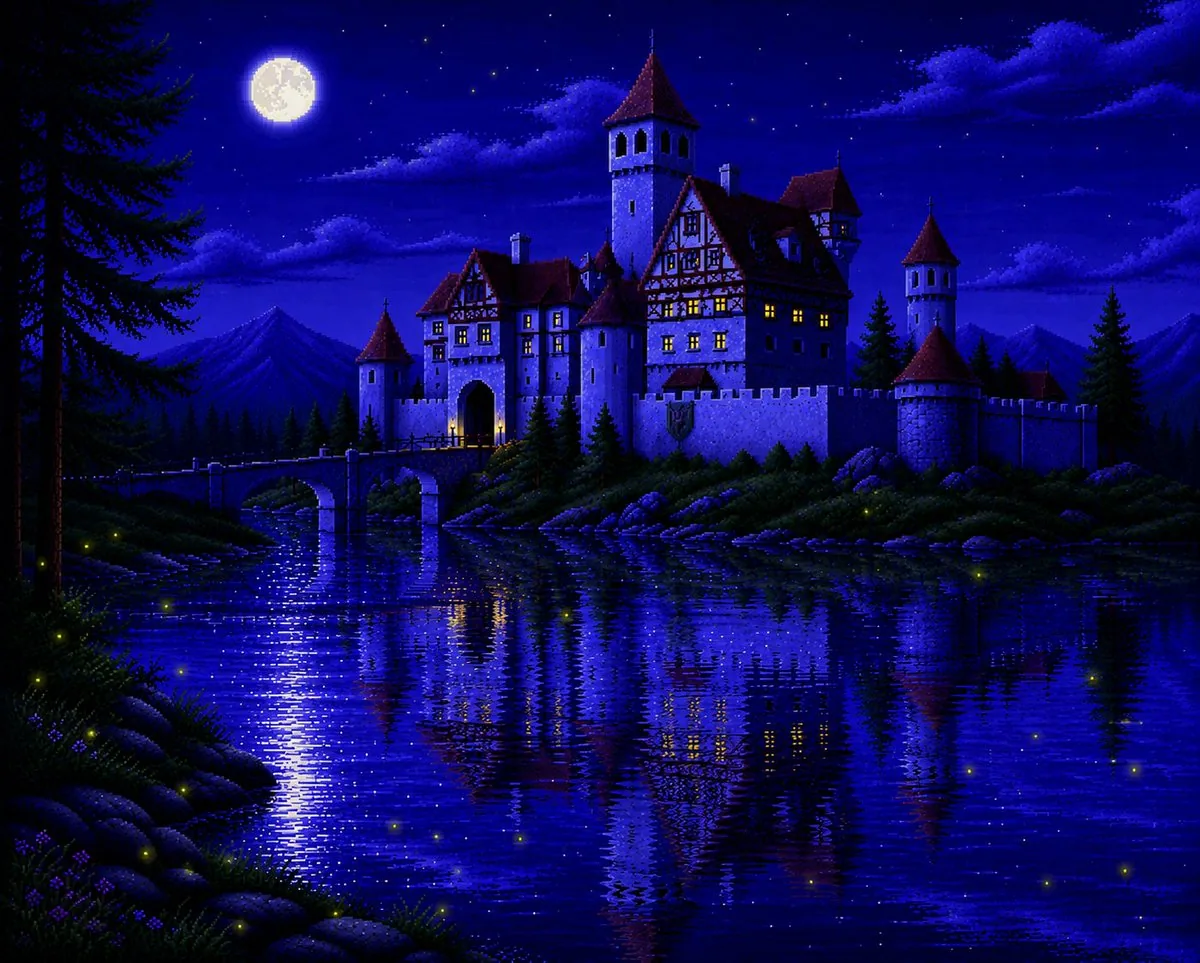 Moonlit Sierra-Style Castle Pixel Art reference
