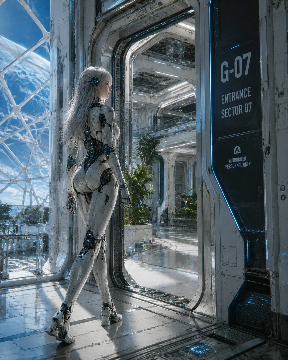 Female Android at Space Station Entrance reference
