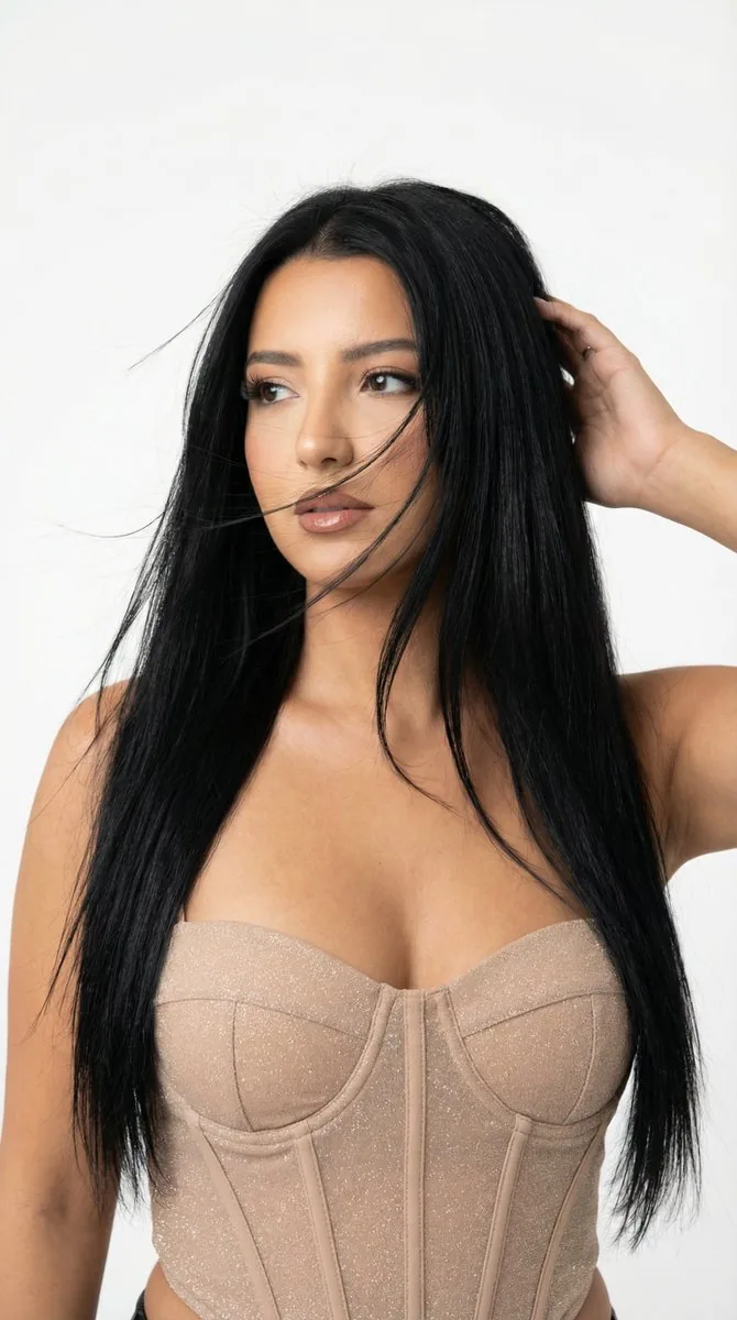 High-Key Studio Beauty Portrait (Wind Hair, Nude Corset) - Nano Banana Pro AI Prompt for Product Marketing reference