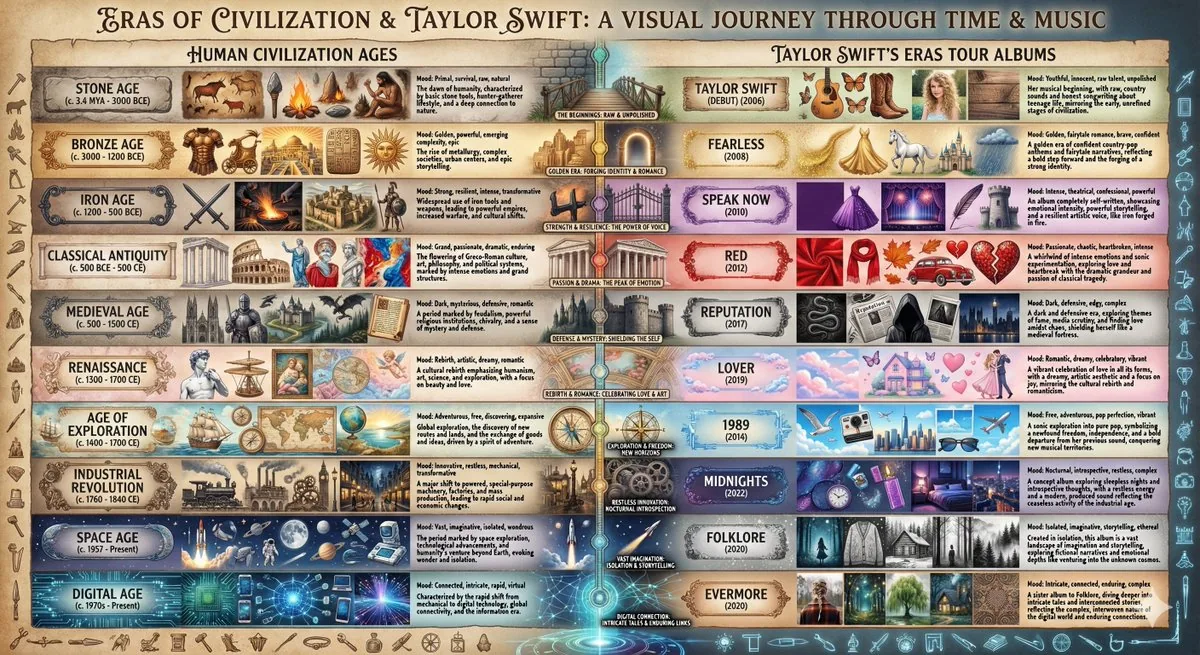 Taylor Swift Eras Tour vs. Human Civilization Ages Comparison reference