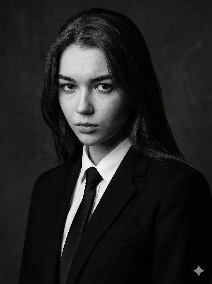 Cinematic black-and-white portrait of a woman reference