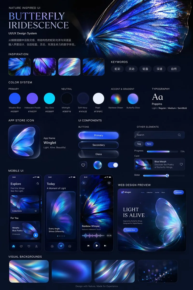 Iridescent Butterfly UI/UX Design System reference