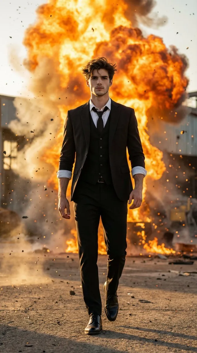 Action Hero Walking Away from Explosion Prompt (Image-to-Image) reference
