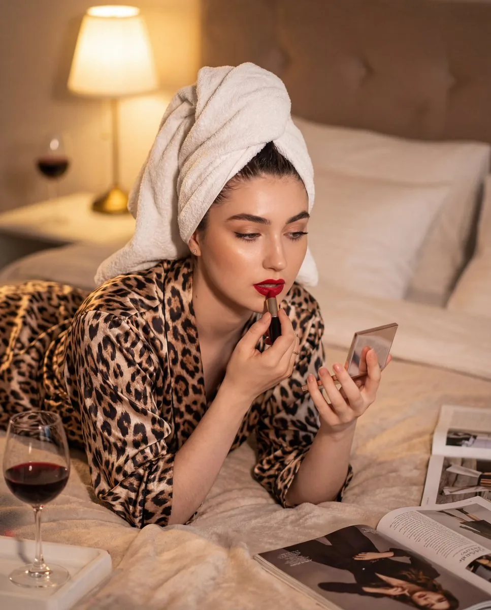 Cinematic Glamour Portrait Applying Lipstick - Nano Banana Pro AI Prompt for Social Media Post reference