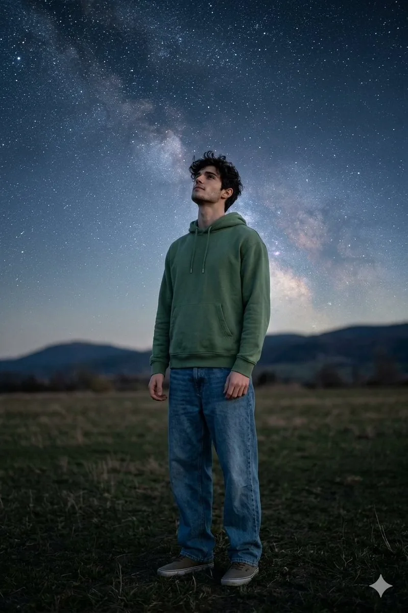 Man Under Starry Sky Cinematic Prompt reference