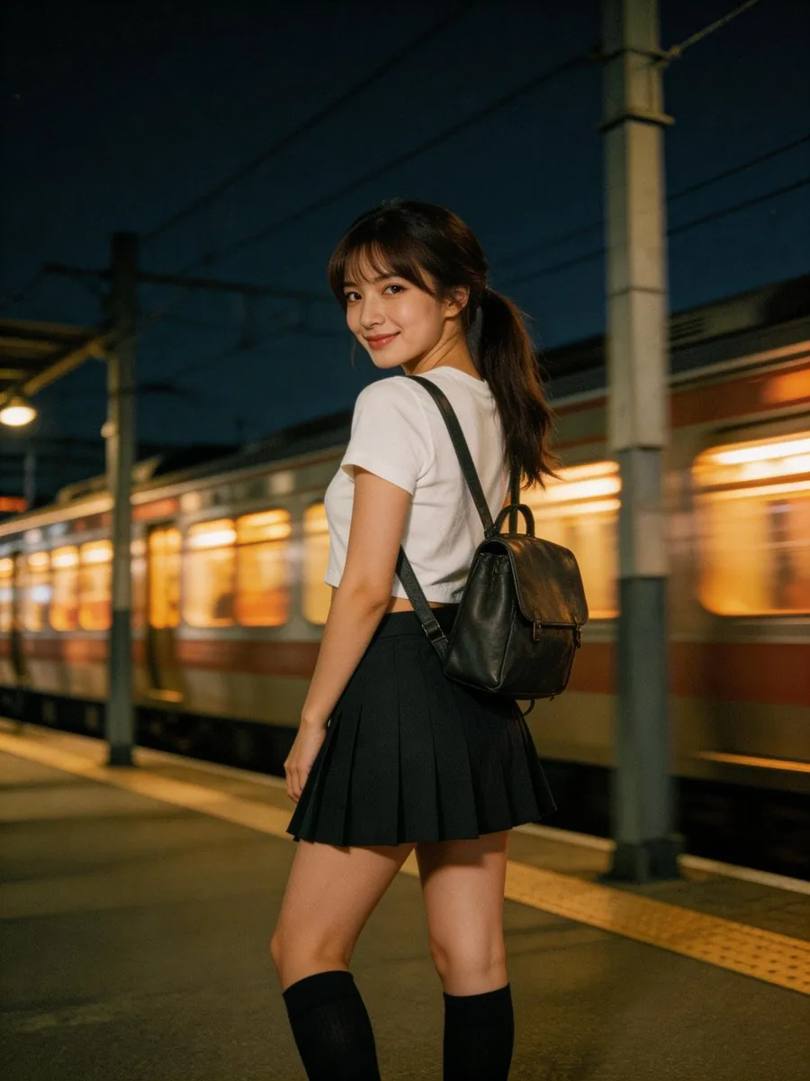 Cinematic Vintage Photograph of Woman by Moving Train (Image-to-Image) - Nano Banana Pro AI Prompt for Social Media Post reference