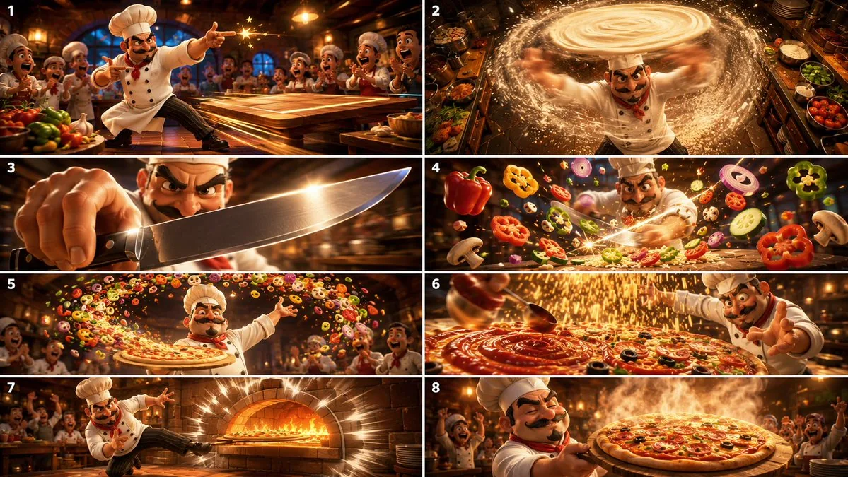 Cinematic Karate Pizza Chef Storyboard reference