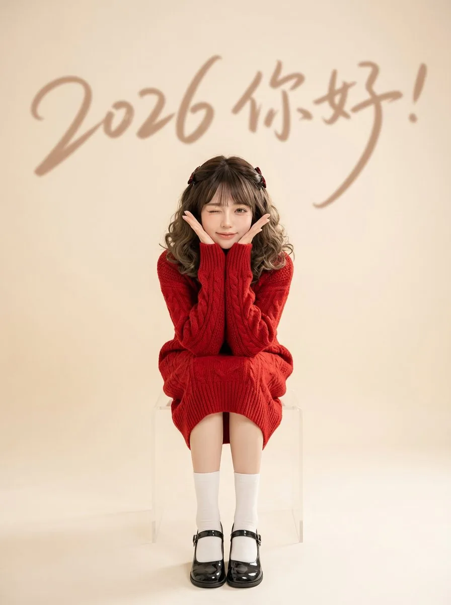 Chinese New Year Portrait with Red Knitwear and Minimalist Studio Look reference