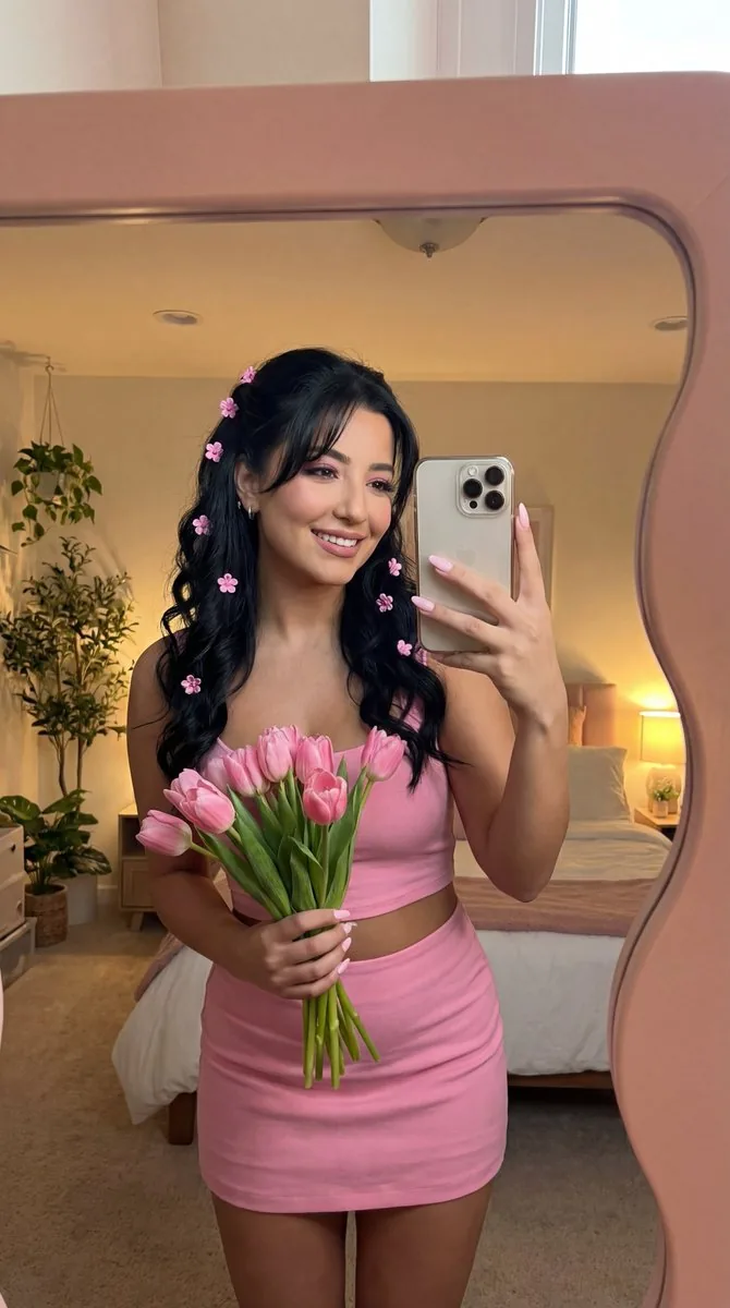 Coquette Mirror Selfie with Pink Flowers and Identity Lock - Nano Banana Pro AI Prompt for Profile / Avatar reference