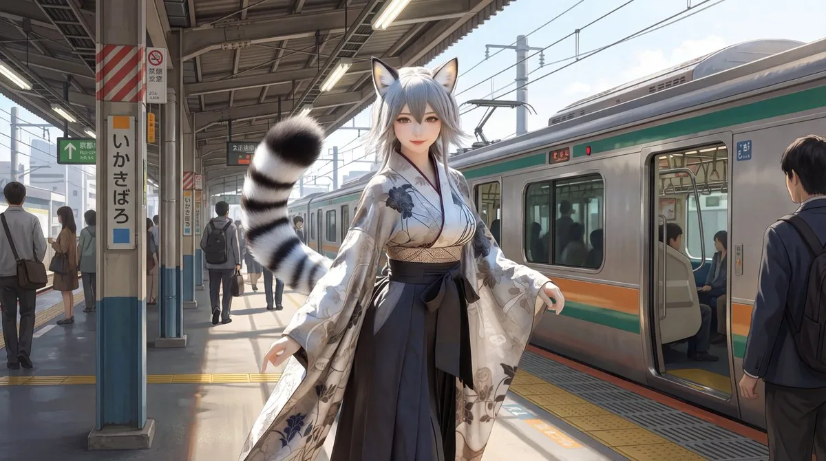 Character on Japanese train platform with matched lighting reference