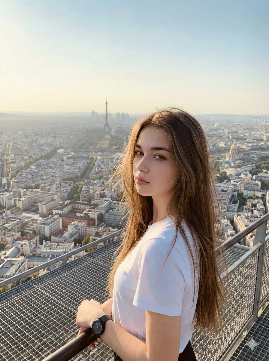 Cinematic Parisian Tower Portrait with Identity Preservation - Nano Banana Pro AI Prompt for Social Media Post reference