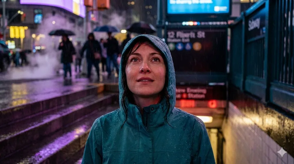 Neon Rain Subway Exit Portrait Prompt - Nano Banana Pro AI Prompt for Social Media Post reference