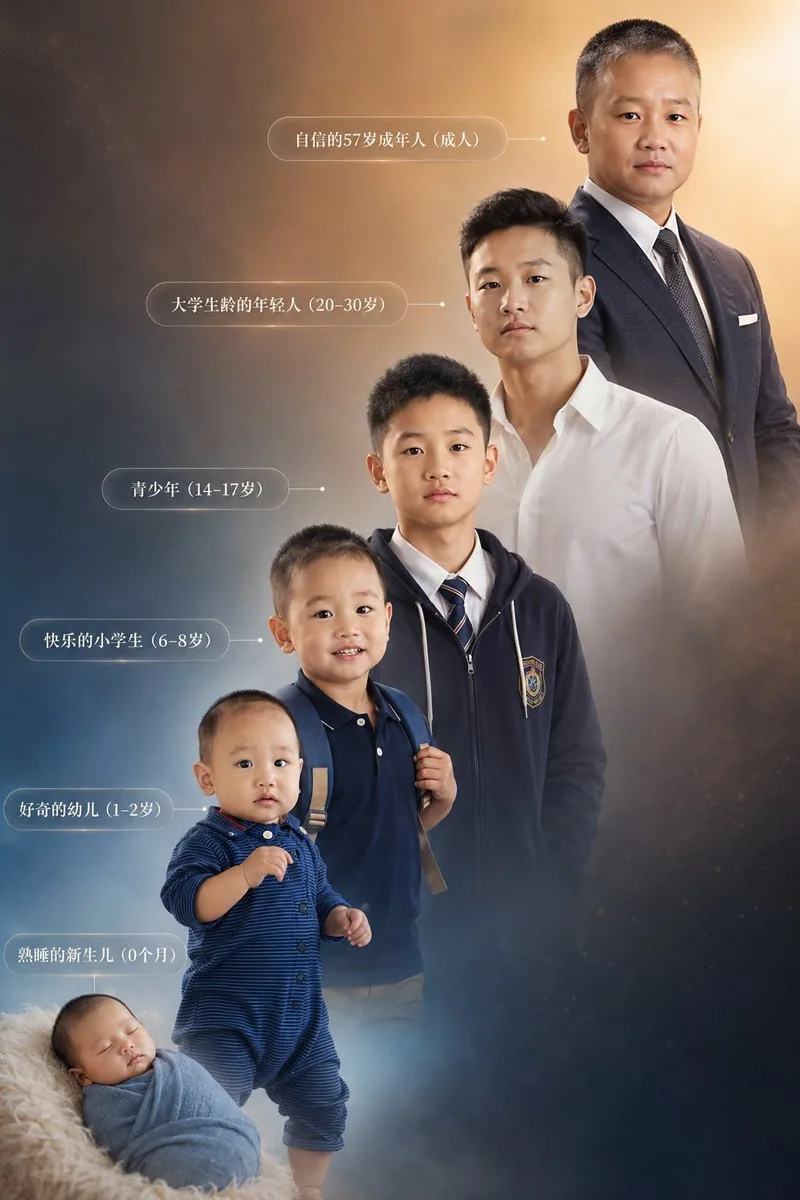 Six-Stage Life Progression Portrait reference