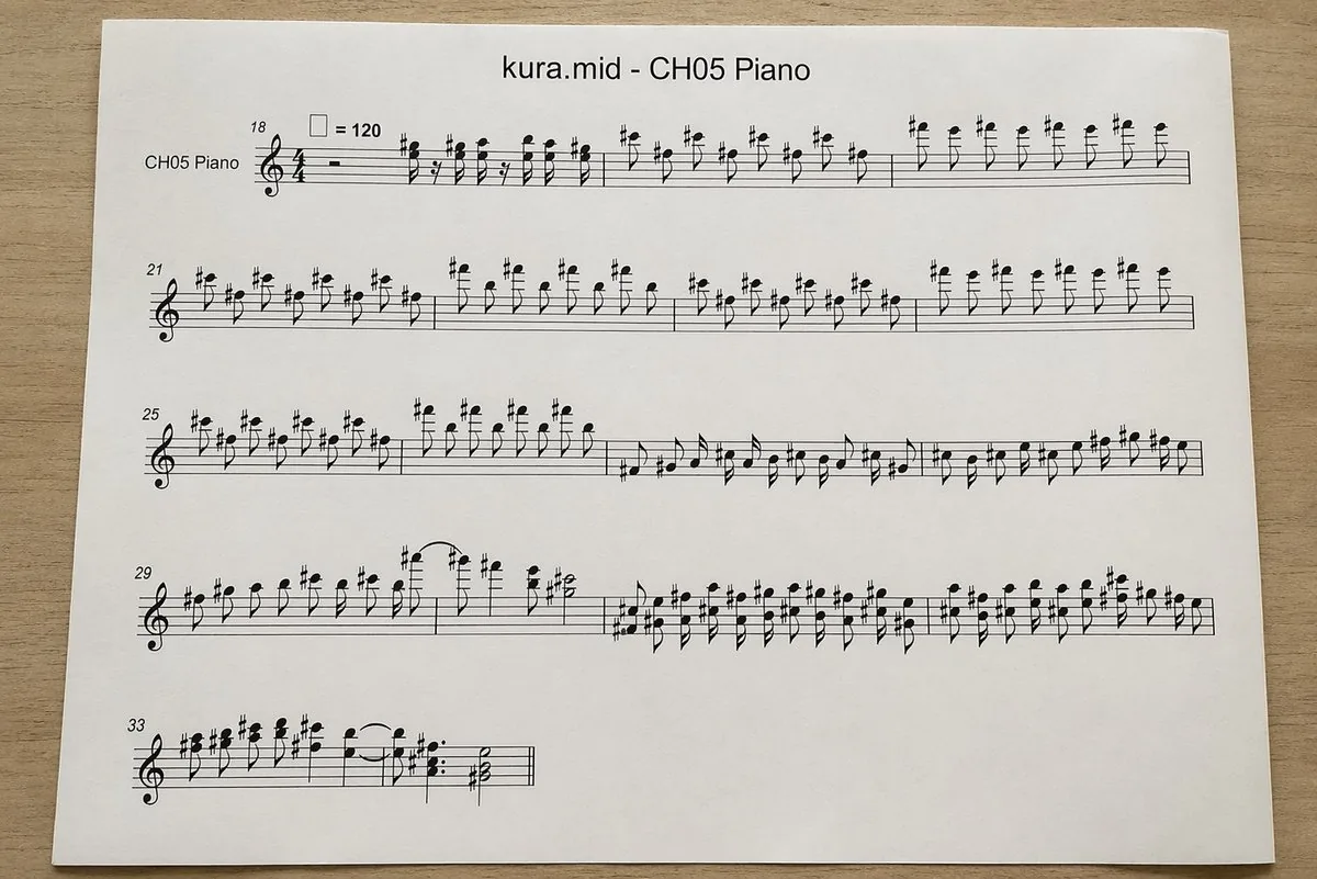 Photographed MIDI Piano Score Sheet reference