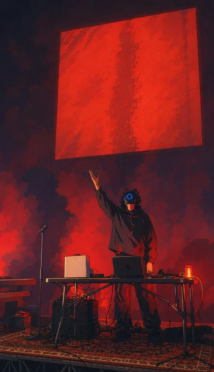 Cyber DJ Beneath a Red Monolith reference