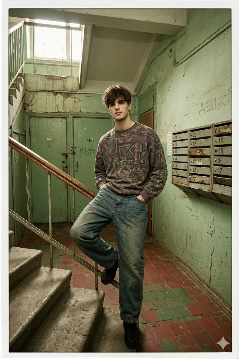 90s Inspired Male Model in Russian Apartment Entrance reference