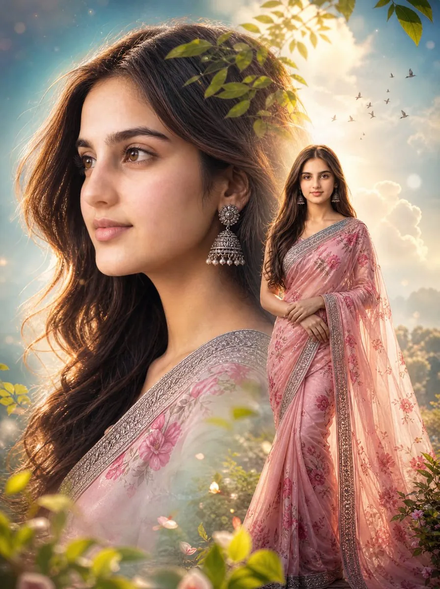 Cinematic Saree Double Exposure Portrait reference