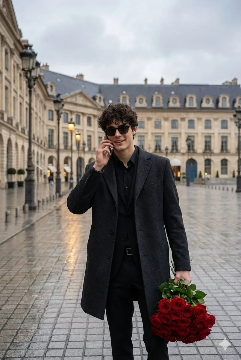 Cinematic Scene of a Man with Roses on a Wet City Street reference