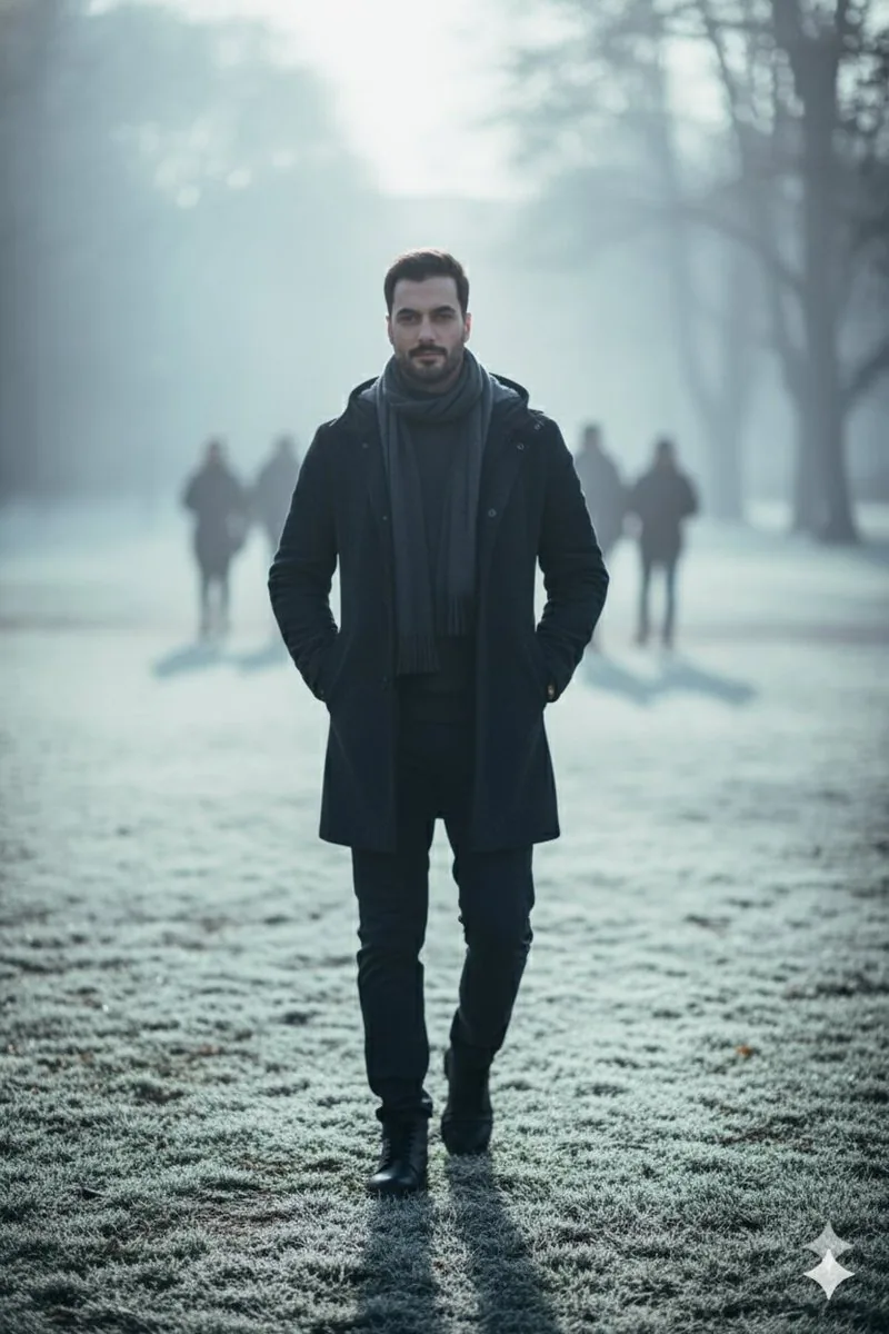 Hyperreal winter park walk portrait reference