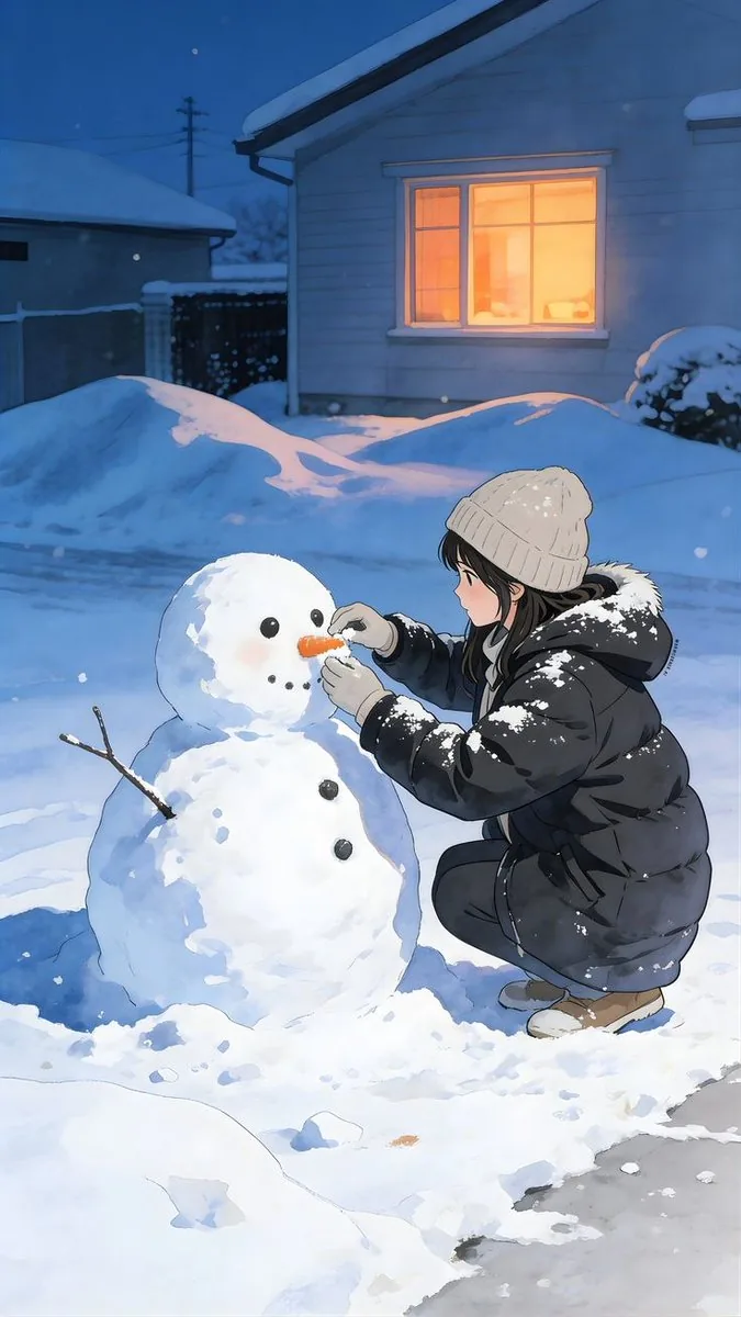 Anime Style Snowman Building Scene Prompt - Nano Banana Pro AI Prompt for Social Media Post reference