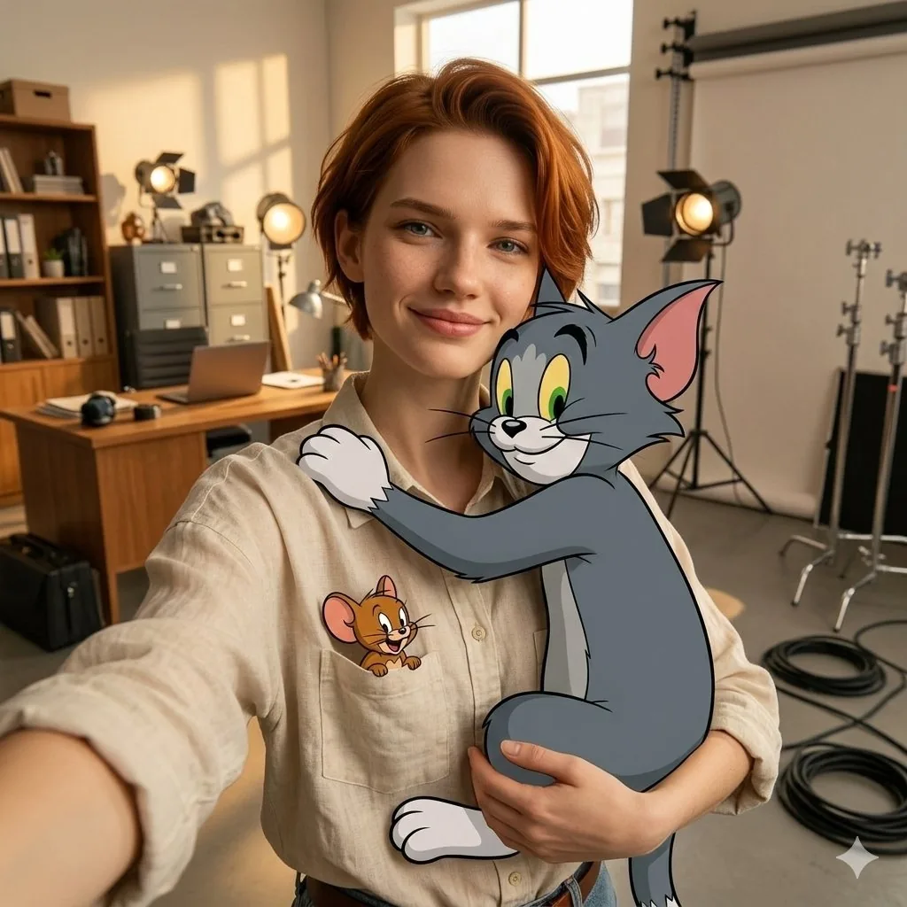First-Person Selfie Hugging Stylized Tom and Jerry reference