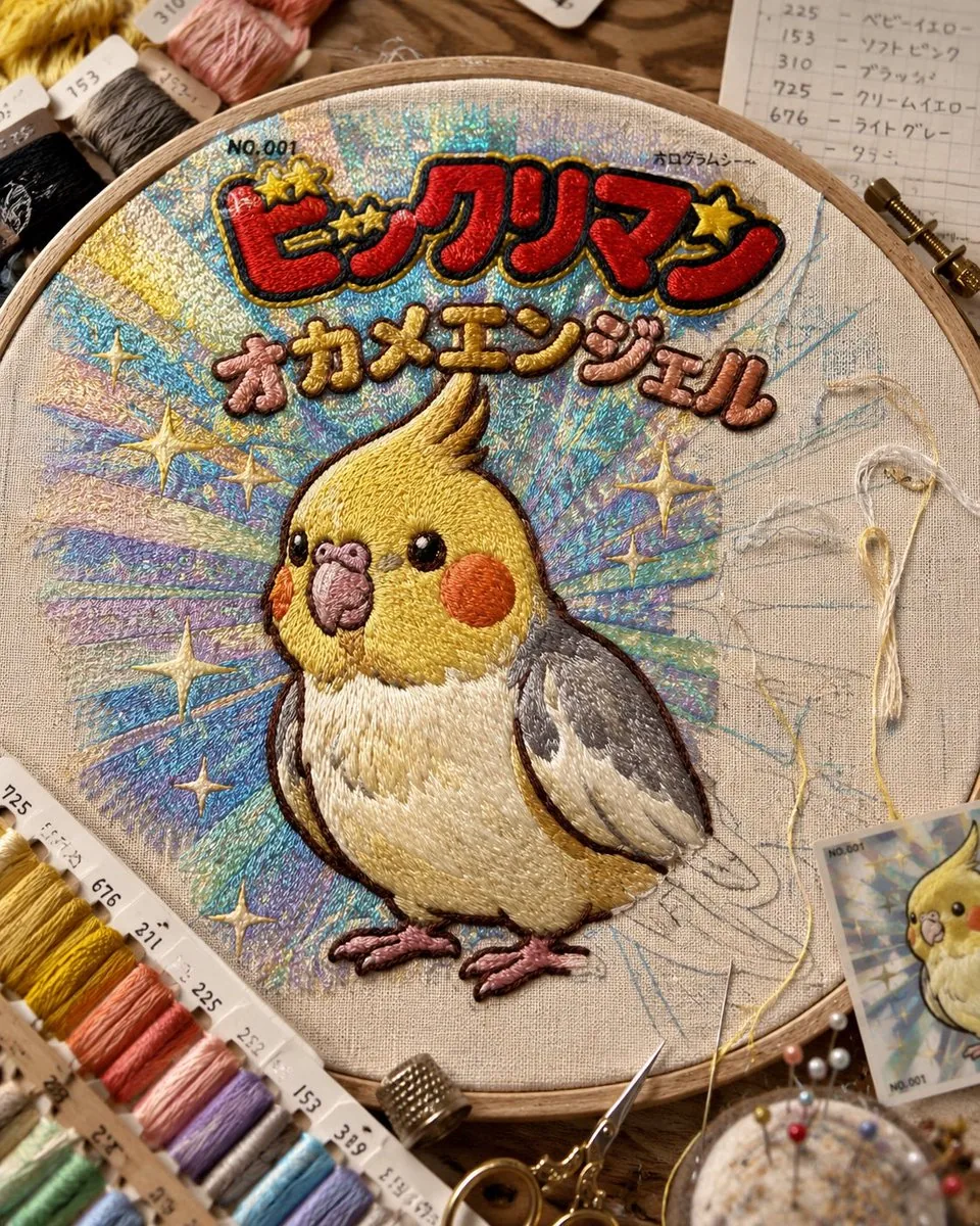 Holographic Cockatiel Embroidery Hoop reference