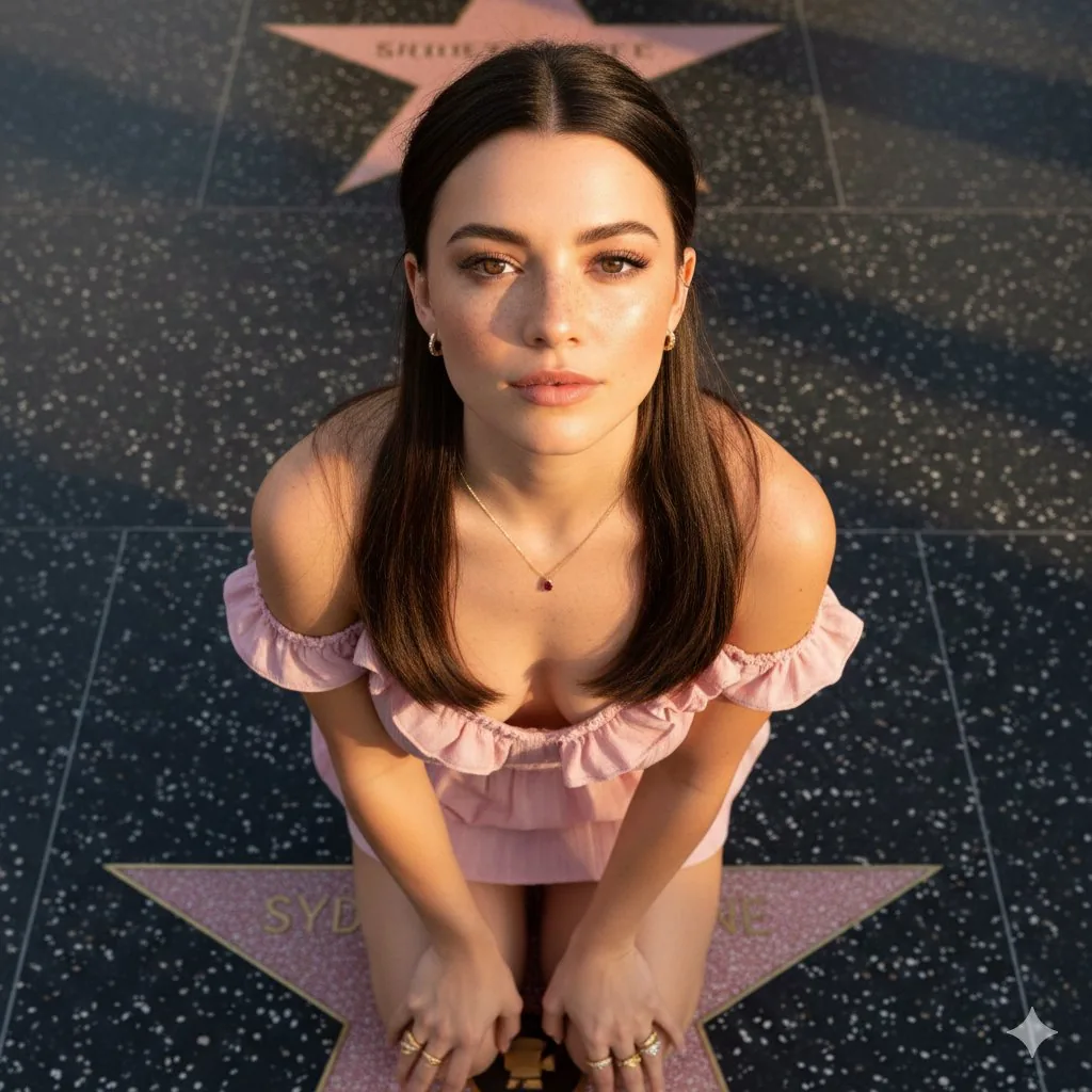 Sydney Sweeney Golden Hour Portrait on Walk of Fame - Nano Banana Pro AI Prompt for Social Media Post reference