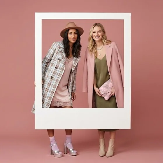 Fashion editorial with two models in a polaroid frame - Nano Banana Pro AI Prompt for Product Marketing reference